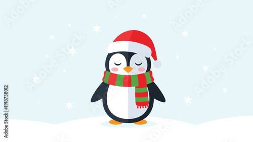Cute winter penguin wearing a santa hat and a red and green scarf standing in a snowy landscape with stars.
