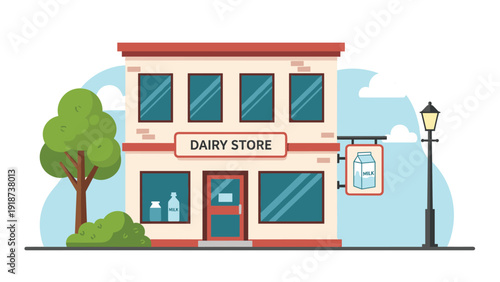 Charming dairy store building illustration with a milk carton sign and a green tree under a bright blue sky.
