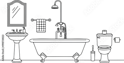 Bathroom interior line drawing with bathtub sink toilet mirror towel rack and accessories
