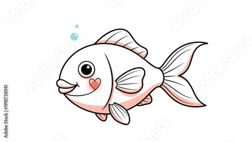 Adorable pink fish with a small heart on its cheek swimming peacefully with blue water bubbles on a white background.