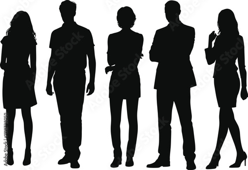 WebSilhouettes of diverse professionals standing in row, business attire, teamwork, workplace diversity, communication, leadership, posture variation, group illustration concept
