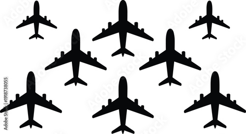 Airplane silhouettes set, commercial passenger aircraft top view icons isolated on white background aviation travel vector illustration collection