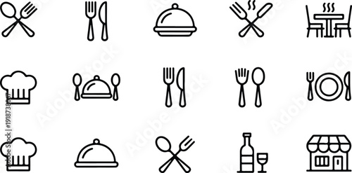 Collection of restaurant and food service icons, chef hat cutlery plate and bottle for dining and hospitality industry