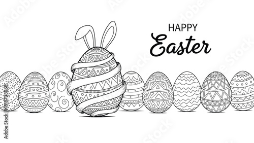 Line art illustration of patterned easter eggs with a central egg featuring bunny ears and a happy easter text message.