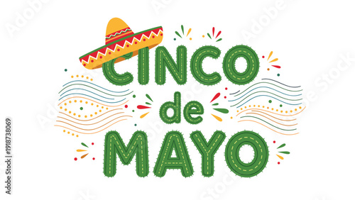 Colorful cinco de mayo text design with letters made of green cactus and a traditional mexican sombrero on a white background.