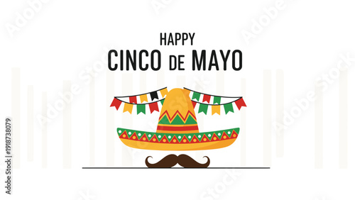 Happy cinco de mayo celebration graphic featuring a colorful sombrero with a mustache and festive bunting flags above.