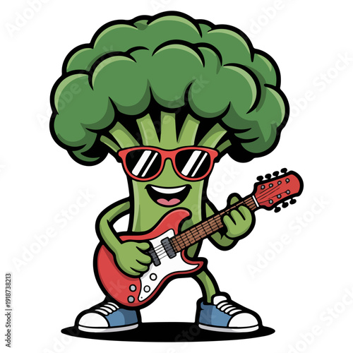 A fun illustration of a broccoli character rocking out on a guitar, sporting sunglasses