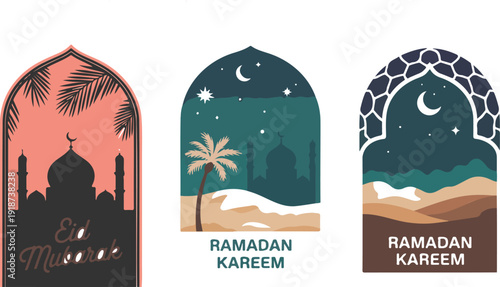 Eid Mubarak Ramadan Kareem mosque desert palm tree night sky moon stars Islamic celebration greetings