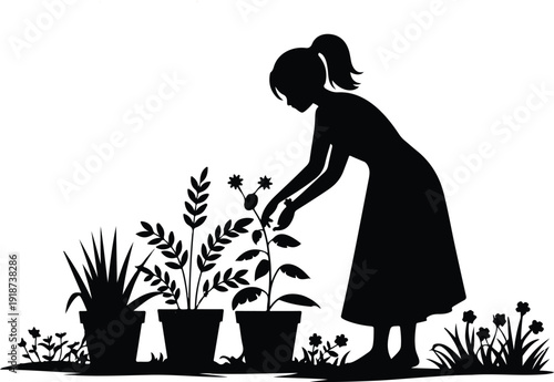 Woman gardening planting flowers silhouette nurturing plants botanical hobby nature outdoor activity