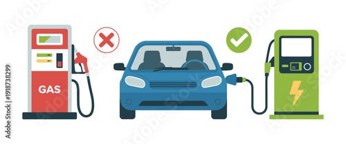Electric Car Charger and Gas Pump, green energy and eco-friendly transport concept, vector illustration of sustainable fueling stations