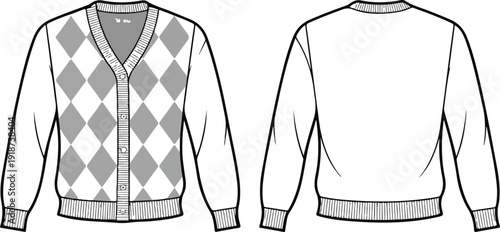 Front and back view of argyle pattern cardigan sweater, fashion flat sketch