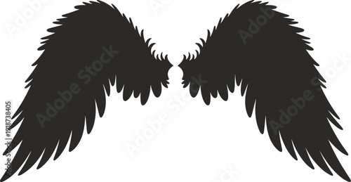 Angel wings silhouette vector illustration, black feather wings design, symmetrical heavenly symbol isolated on white, spiritual tattoo style graphic art