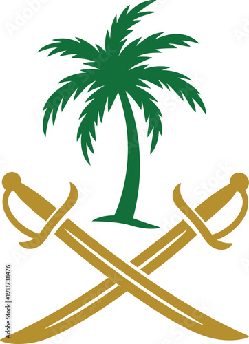 Saudi arabian emblem with crossed swords and palm tree