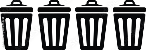 Four black trash cans isolated on white background, simple vector icons