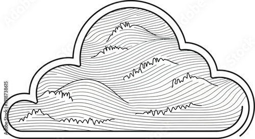 A stylized cloud shape contains internal horizontal line patterns resembling rolling hills or abstract topography inside a border.