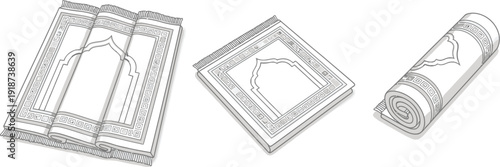 Prayer rugs are displayed in three distinct arrangements including folded, spread flat, and rolled up states for religious use.