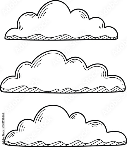 Three simple hand-drawn outlines of fluffy clouds are stacked vertically against a white background for design use.