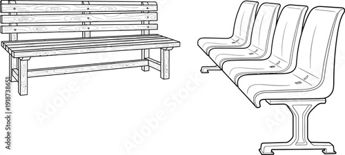 A line drawing displays a classic wooden park bench alongside a set of three connected molded plastic waiting room seats.