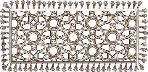 An ornate rectangular table runner features complex geometric Islamic star patterns with decorative fringed tassels along the edges.