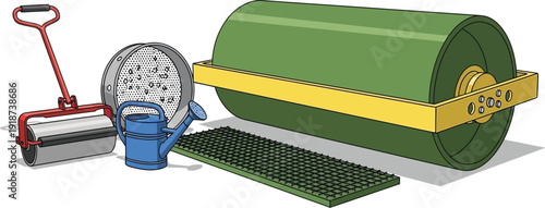 Various lawn care tools including a large green roller, a small roller, a watering can, and an aerator mat are grouped together.