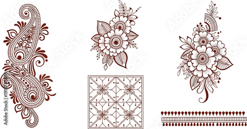 A collection of brown henna tattoo designs featuring paisley motifs and floral clusters on a white background.