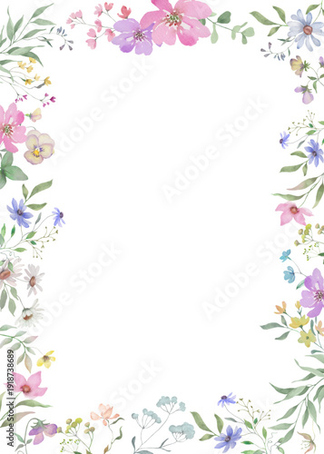 Watercolor Floral Frame with Pastel Spring Flowers, Elegant Botanical Border for Mother’s Day Cards. Hand drawn illustration. Vector EPS.