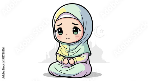 Cute Muslim Girl Praying in Hijab, Islamic Child, Peaceful Ramadan Scene