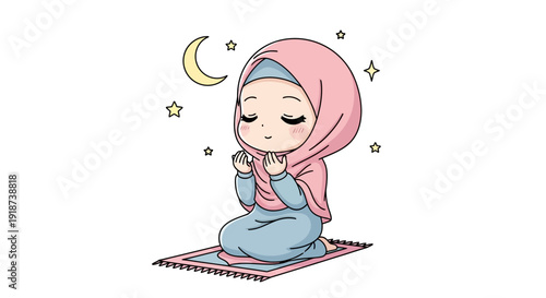 Cute Muslim girl praying on a rug under the moon and stars