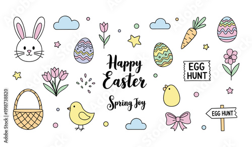 Colorful  Easter with  Bunny  Eggs  Chicks  Flowers and  Egg  Hunt  Signs