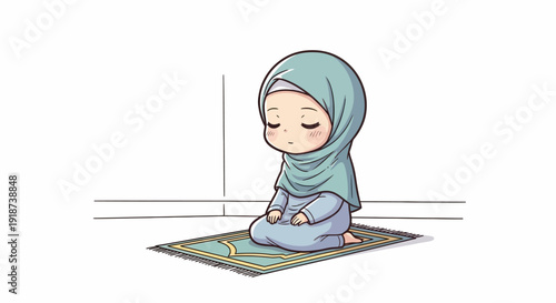 Cute Muslim Girl Praying on Prayer Mat, Islamic Child Devotion