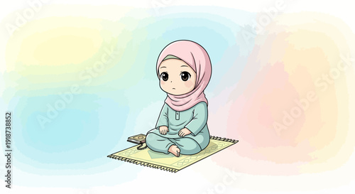 Cute Muslim Girl in Hijab Praying on Prayer Mat, Islamic Child, Peaceful Moment