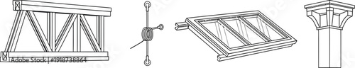 A set of detailed structural and mechanical line drawings displays various construction components like trusses, fasteners, and column capitals.