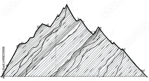 A single, sharply defined mountain silhouette is rendered with cross-hatching lines to show texture on its steep slopes.