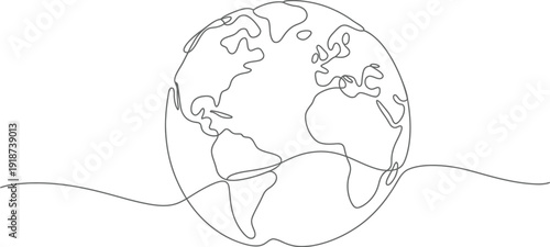 Earth Globe Continuous Line Drawing, minimalist one line vector illustration, world map art, global concept