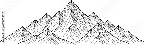 A detailed line drawing illustrates a complex mountain range featuring multiple sharp peaks and deep valleys against a white backdrop.