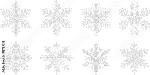 Eight distinct crystalline snowflake icons are arranged in two rows against a pure white background for winter design.