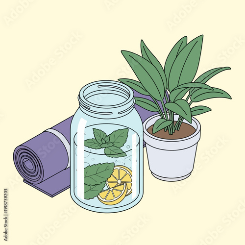 Refreshing lemon and mint infused water in a jar with a yoga mat and potted plant.