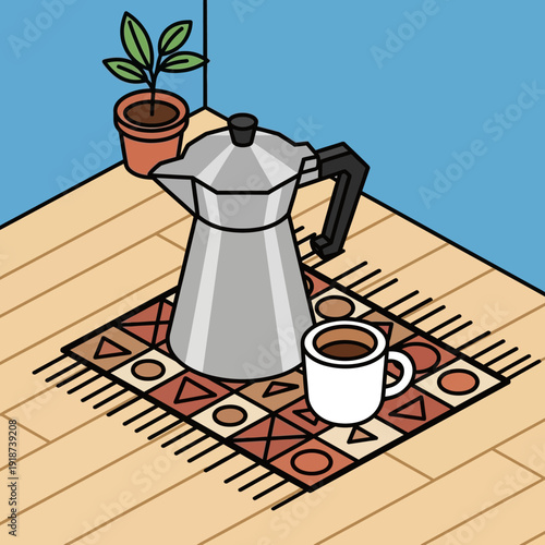 Coffee Maker and Cup on Decorative Rug with Potted Plant.