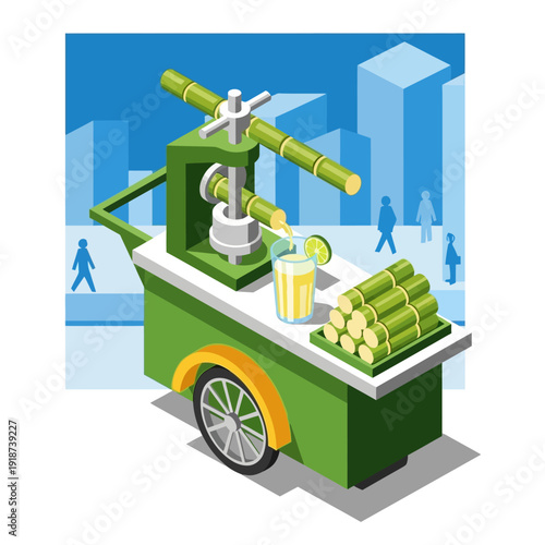 Freshly squeezed sugarcane juice cart in a modern city street.