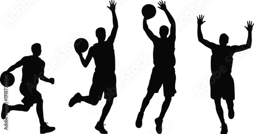 Basketball player silhouettes in action poses dribbling and shooting ball, athletic men isolated on white background sports competition concept