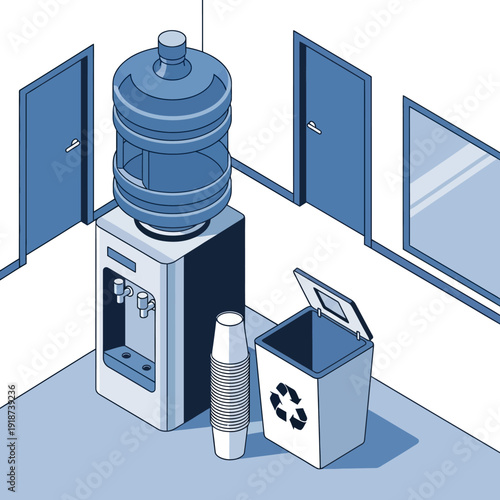 Isometric illustration of a water cooler with a recycling bin and disposable cup.