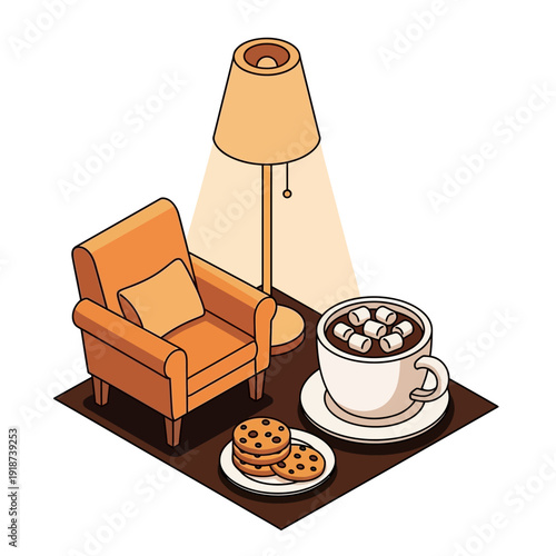 Cozy reading nook with hot chocolate and cookies.