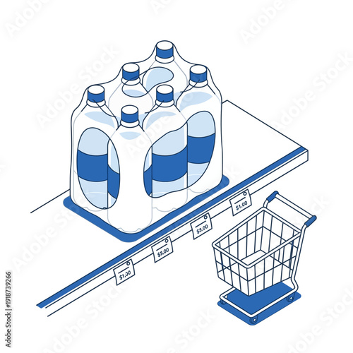 Six pack of bottled water on a supermarket checkout conveyor belt.