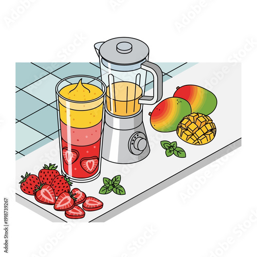 Fresh Fruit Smoothie with Blender and Ingredients.