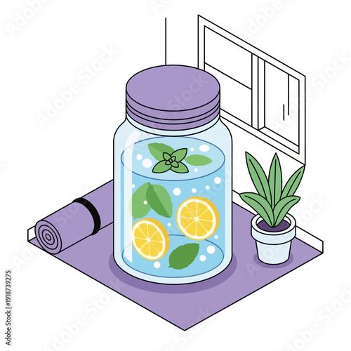 Refreshing glass jar of lemon infused water on a purple yoga mat.
