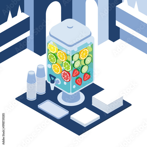 Refreshing fruit infused water dispenser in a modern setting.