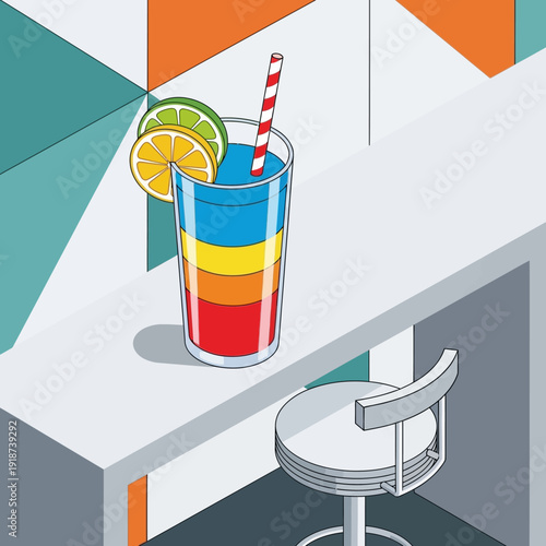 Colorful layered cocktail on a bar counter with a stool.