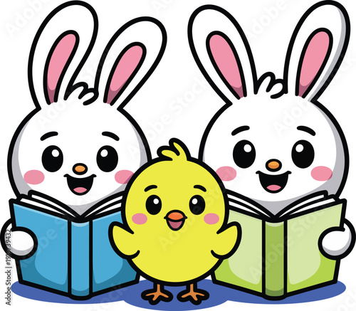 Two happy cartoon bunnies reading books with a little yellow chick standing between them