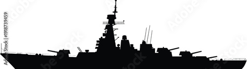 Battleship silhouette vector illustration, military naval warship side view with weapons and radar, isolated black navy vessel icon on white background