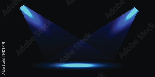 Two bright blue spotlights illuminating a dark stage or background, creating a dramatic effect with light beams.